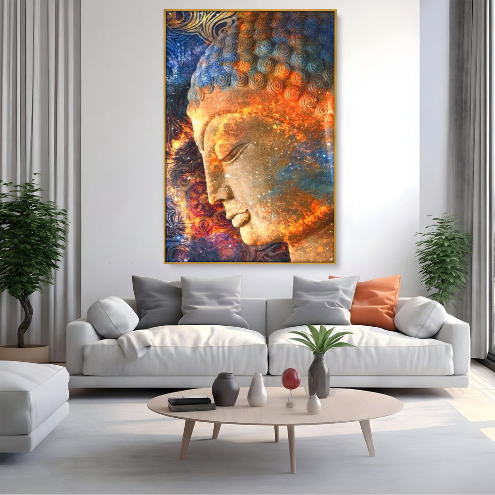 Tablou canvas cu tablou canvas cu profilul lui buddha, in rama de aluminiu auriu, pe perete intr-un living